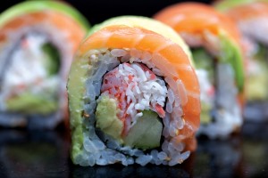 a close up of sushi rolls