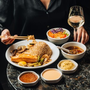 Bounty of the Seven Seas is a special menu we're curated for guests to enjoy our seafood favorites! Pictured here is the Hibachi Salmon, served with onion soup, salad and our dipping sauces.